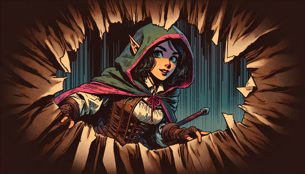 A female elf with pointed ears and a green hood expertly uses stealth mechanics to peek through a jagged, wooden hole. Donning a leather corset and white blouse, she grips her sword. The background is a vertical, striped pattern in shades of blue, reminiscent of classic Dungeons & Dragons settings.