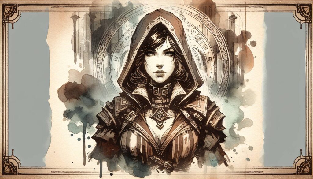A fantasy illustration depicts a cloaked woman in ornate armor, hinting at a D&D multiclass character build. Standing before a circular, mystical design with symbols, the artwork has a watercolor effect that blends shades of brown, blue, and gray.