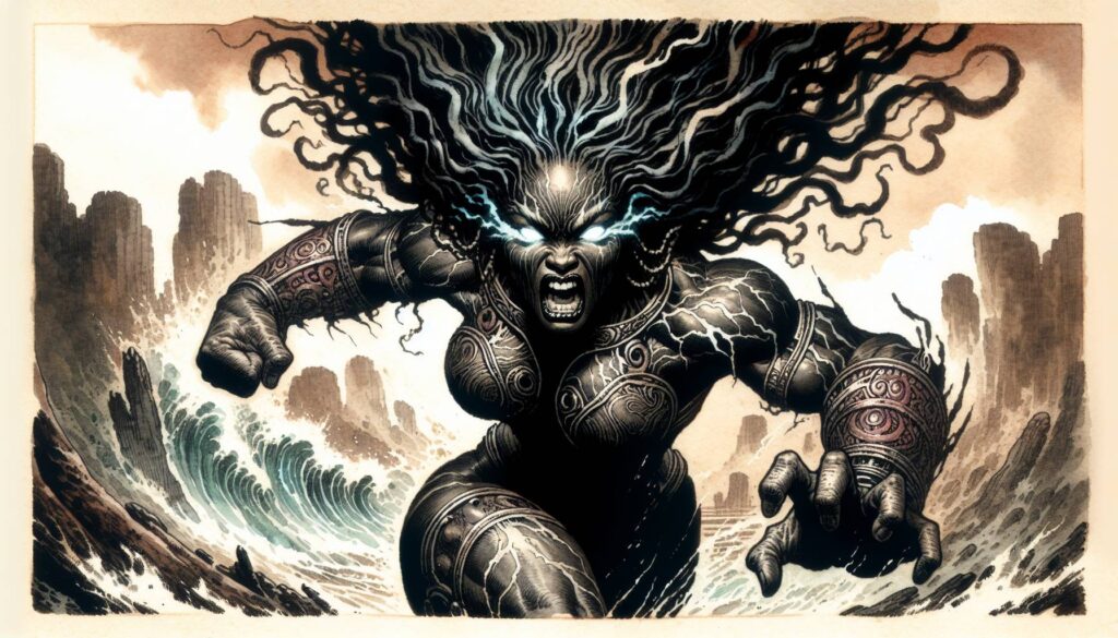 Amidst crashing waves, a powerful figure with glowing eyes and flowing hair charges forward, showcasing intricate tattoos or armor that speak to fighter builds focused on both damage and durability. This iconic presence exudes strength and determination against the dramatic, stormy backdrop.