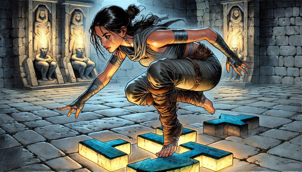 A woman in adventure attire balances on glowing blue stone tiles in a dimly lit stone chamber, reminiscent of a Dance Dance Revolution challenge. Three statues in the background hold lit torches as light highlights her focused expression and poised stance, evoking a scene from a D&D quest.