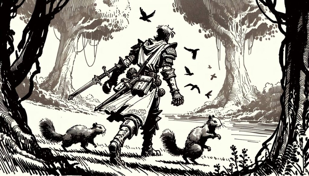 A knight in armor strides through a mystical forest, sword in hand, like a scene from Dungeons & Dragons. Two squirrels scamper alongside as birds circle overhead amidst tall trees. The detailed black-and-white illustration captivates with its fantasy allure.