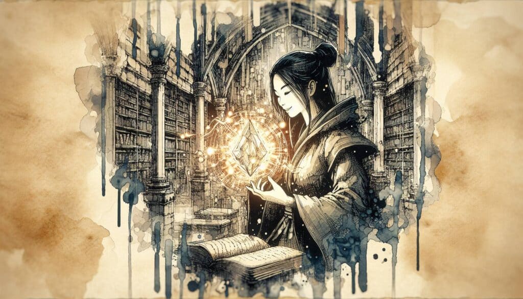 A woman in a long robe stands in an ornate library, holding a glowing artifact with ethereal light swirling around it. An open book lies on a desk nearby, hinting at the loot and lore contained within. The scene is rendered in a watercolor sketch style.