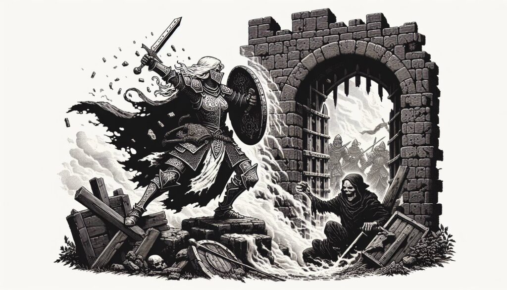 In a black and white illustration reminiscent of a Dungeons & Dragons scene, a medieval warrior wields sword and shield against a hooded figure at a castle gate. Two armored figures loom behind, with debris and broken shields scattered about, setting the stage for an epic boss fight.