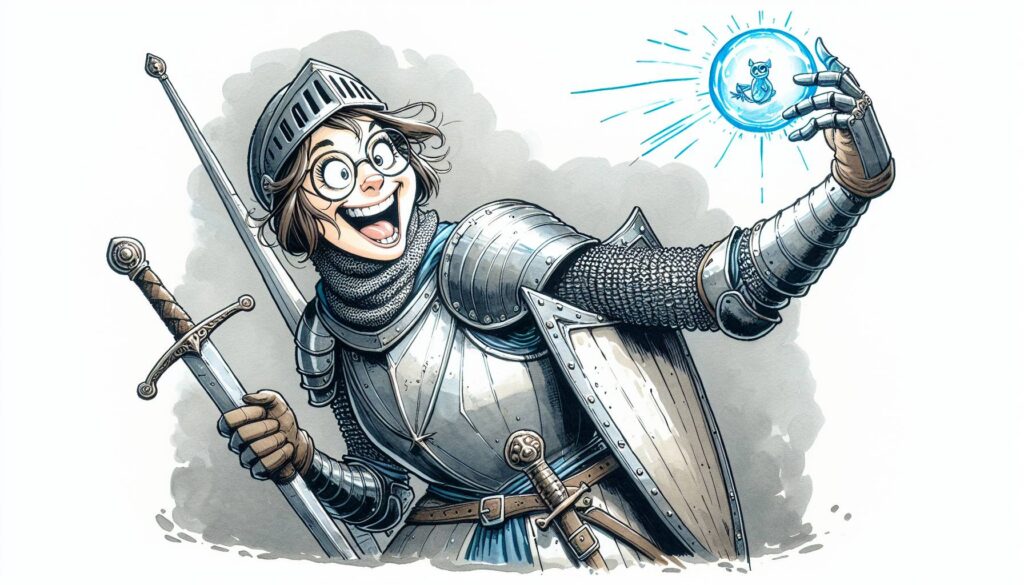 A cartoon knight, embodying a Lawful Good DND Paladin, stands in shining armor. With a sword in one hand and a glowing orb in the other, they look excited and joyful—like theyre about to unleash Divine Smite or perhaps share some dad jokes—in front of a light gray background.