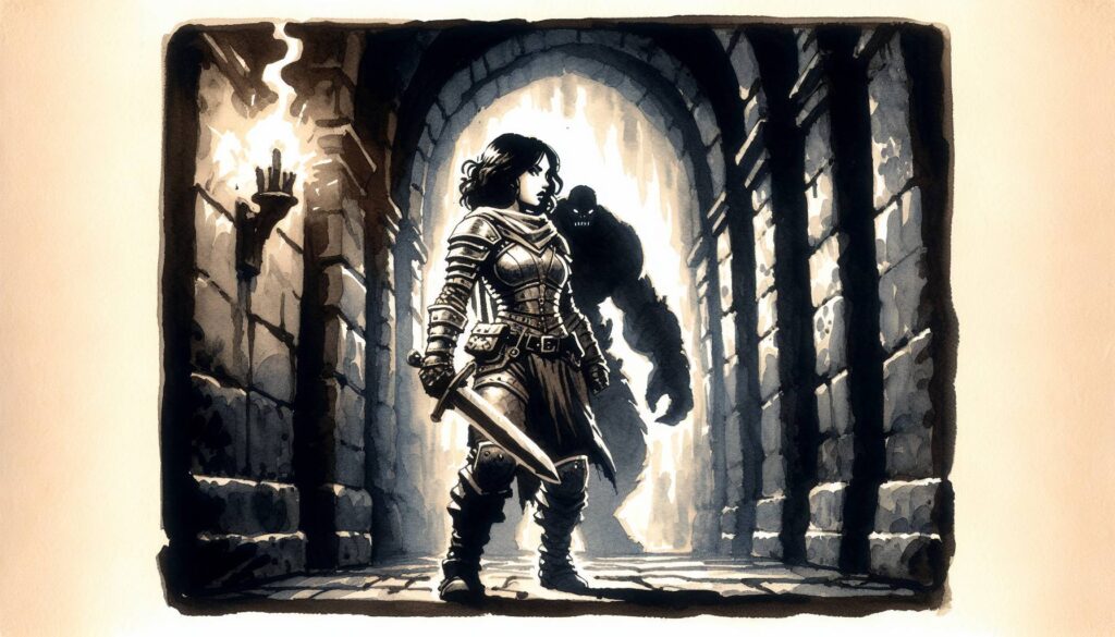 In a dim stone hallway, a D&D warrior stands confidently in armor, sword in hand. Torchlight flickers against her calm demeanor. Behind her, like some perilous game of hide and seek, a large shadowy figure lurks ominously in the archway. The atmosphere is tense and dramatic.
