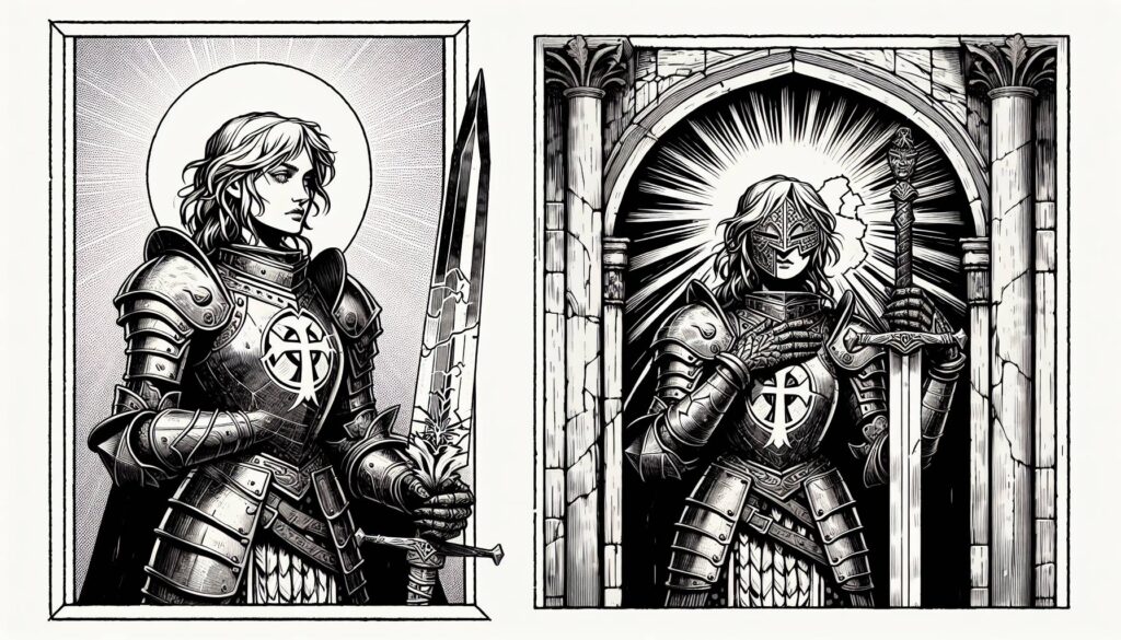 Black and white illustration of a knight embodying Lawful Good. On the left, they hold a sword with a determined expression. On the right, they bow their head, hands clasped over the sword. Both scenes shimmer with radiant backgrounds, hinting at subtle alignment shifts.