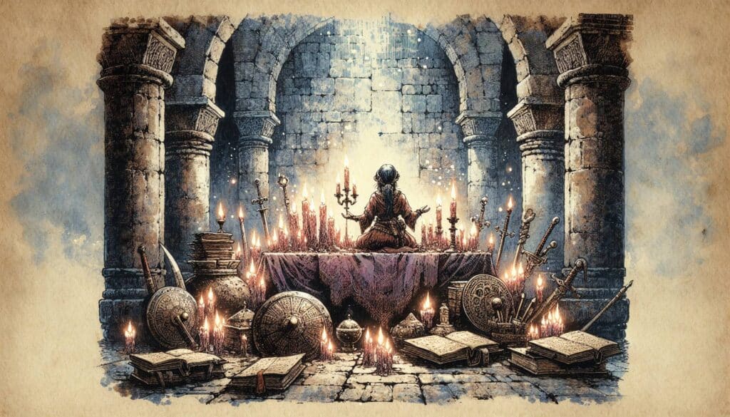 A wizard in medieval attire sits at a table in a stone chamber surrounded by candles, books, swords, and shields. The scene is illuminated by the warm glow of candlelight, crafting a mystical and ancient atmosphere reminiscent of Gandalfs legendary tales.