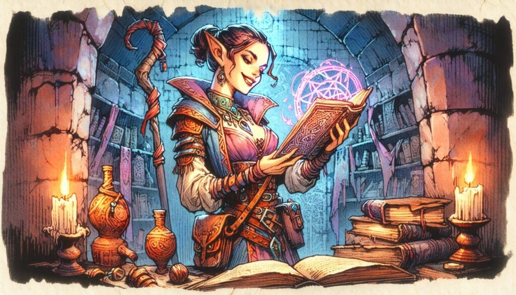 A fantasy illustration of a smiling elf with pointed ears, wearing ornate armor and holding an ancient book. She stands in a stone library with glowing runes and various potions around her, evoking the essence of D&D. Candlelight and magical symbols illuminate this engaging scene.
