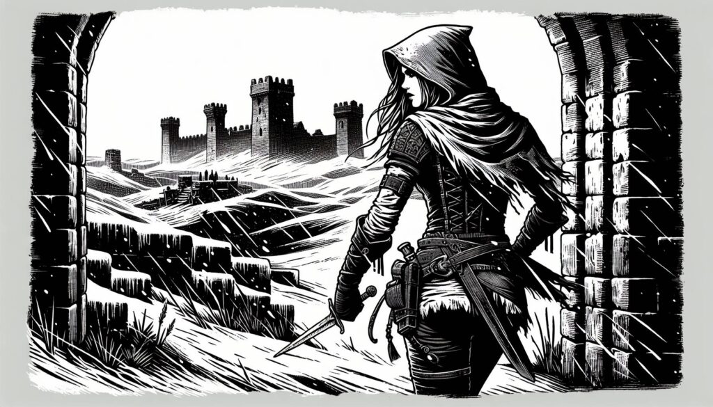 A black and white illustration portrays a cloaked figure, embodying a Lawful Good stance, with a sword in hand in a snowy landscape. They face a distant medieval castle through an archway, exuding determination amidst the chaotic mood of swirling snowflakes.