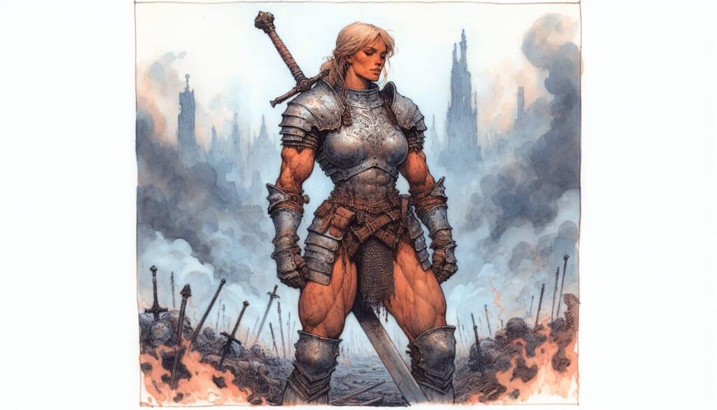 Amidst the battlefields chaos, a warrior stands resilient in detailed armor, her sword poised on her back. Smoke and ruined buildings loom behind, with skulls and bones underfoot. The overcast sky heightens the drama as she showcases unmatched durability in this test of fighter builds.