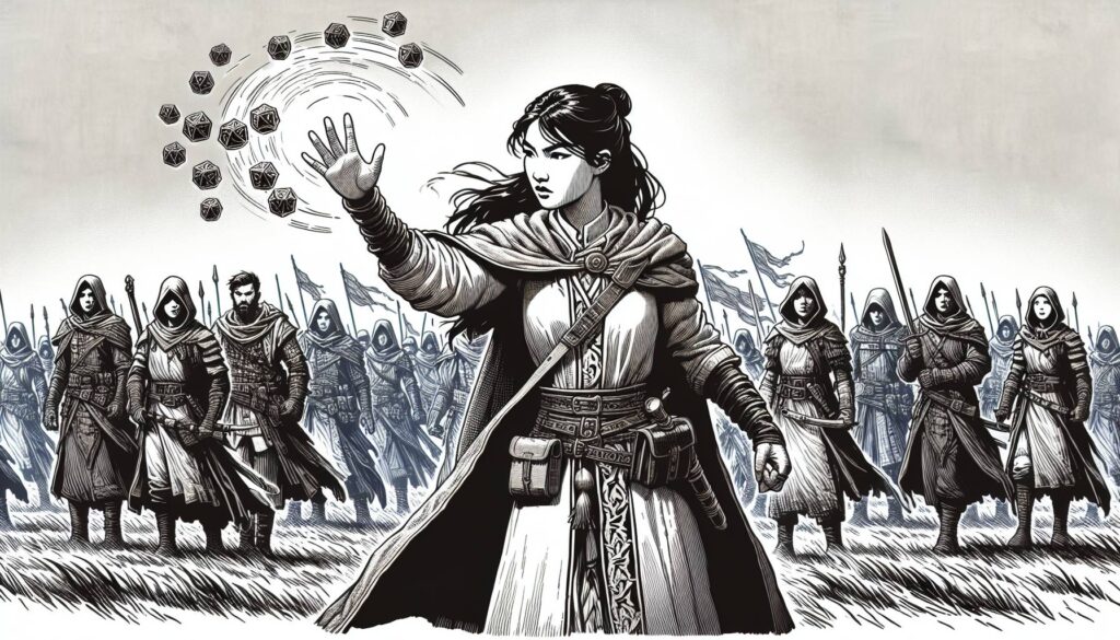 A woman in medieval attire stands at the forefront, casting an incantation with her hand, surrounded by floating dice. Behind her, a group of cloaked figures with flags stands in formation. The scene captures a mystical RPG atmosphere.