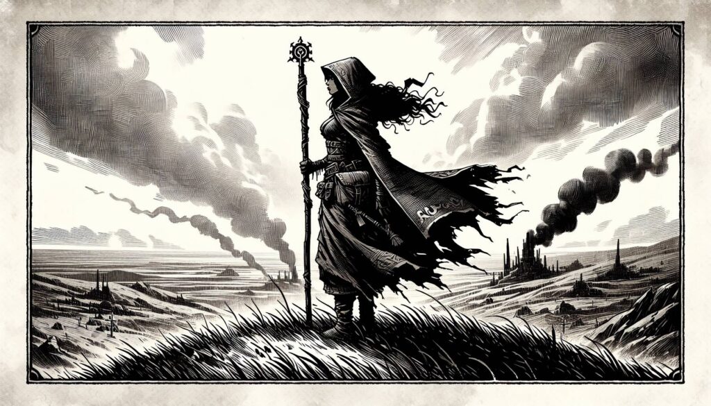 A hooded figure stands on a grassy hill, their ornate staff suggesting theyre likely the partys magic user. They gaze over a dramatic landscape where swirling clouds and smoke rise from distant structures, rendered in a monochrome, sketch-like style.