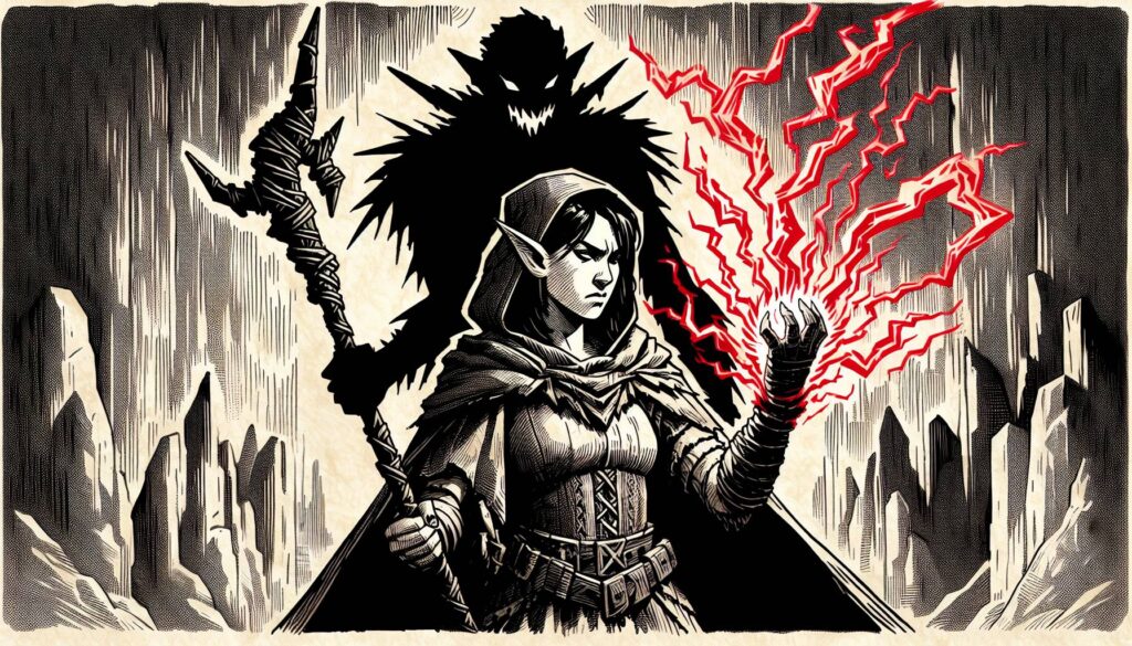 A determined elf with pointed ears clutches a glowing red orb as energy pulses in her hand, reminiscent of the tension in epic boss fights. Behind her, a shadowy figure with glowing eyes looms menacingly amid jagged rocks, creating a scene worthy of Dungeons & Dragons.