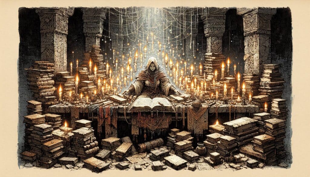 A hooded figure, resembling an epic wizard straight out of Zero to Gandalf, sits at a large table covered with ancient books and scrolls. Surrounded by lit candles, the dimly lit stone room with hanging chains exudes a mysterious and mystical atmosphere.
