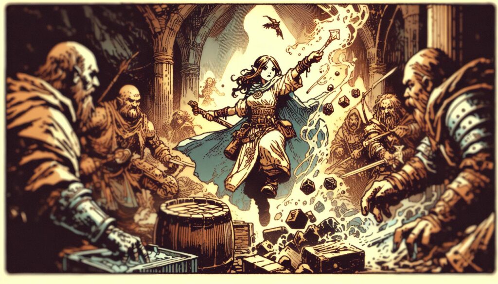 In a dynamic pose, the female mage channels swirling magical energy, akin to a DND 5e spell. Surrounded by armored warriors in the stone chamber of 2025, barrels and crates lie in the foreground while an arched ceiling and flying bat offer rich background ideas.