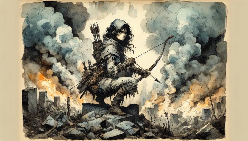 A lone archer in tattered clothing crouches amid a post-apocalyptic landscape, surrounded by smoldering ruins and thick clouds of smoke. Engaging in a deadly game of hide and seek, the scene conveys a sense of survival and desolation.