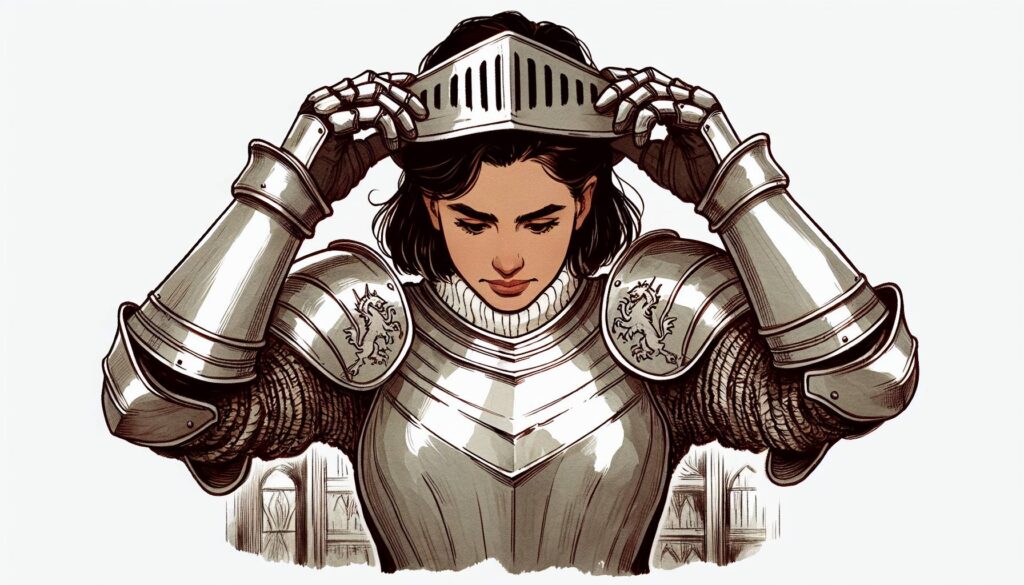 A person in detailed medieval armor adjusts their helmet, embodying the essence of a DND Paladin. They have short, dark hair, and their armor showcases intricate lion engravings on the shoulders. The background is a soft gray, hinting at their steadfast Lawful Good nature.