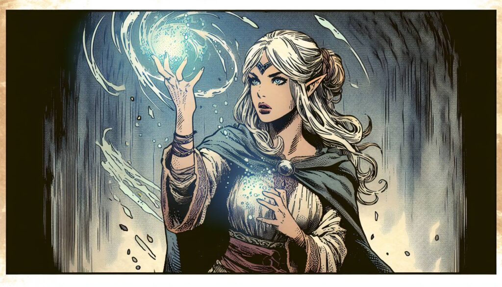 Illustration of an elf with long hair and pointed ears, casting a glowing spell from her hand, as if drawing power from an ancient spellbook. Shes dressed in a cape, with mystical swirls of energy surrounding her. The dark background highlights the magical light.