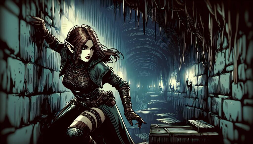 A stealthy elven warrior with pointed ears and long hair moves cautiously through a dimly lit stone tunnel. She is clad in dark armor, surrounded by eerie, glowing lights, with an alert and focused expression.