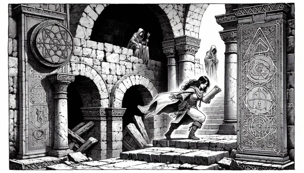 A person in a cloak runs up stone steps inside an ancient, arched ruin, gracefully dodging dragons. They carry a scroll and are watched by mysterious hooded figures. Intricate geometric carvings adorn the pillars and walls, creating a mystical atmosphere.