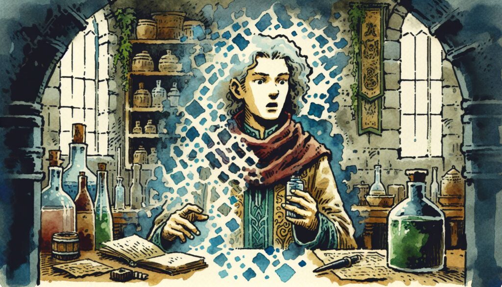 In a medieval-style laboratory, an alchemist holds a vial of bizarre potions, the image pixelated and glitching. Shelves lined with bottles and a DND spellbook peek from the shadows as light filters through arched windows, casting an aura thats mysterious and magical.