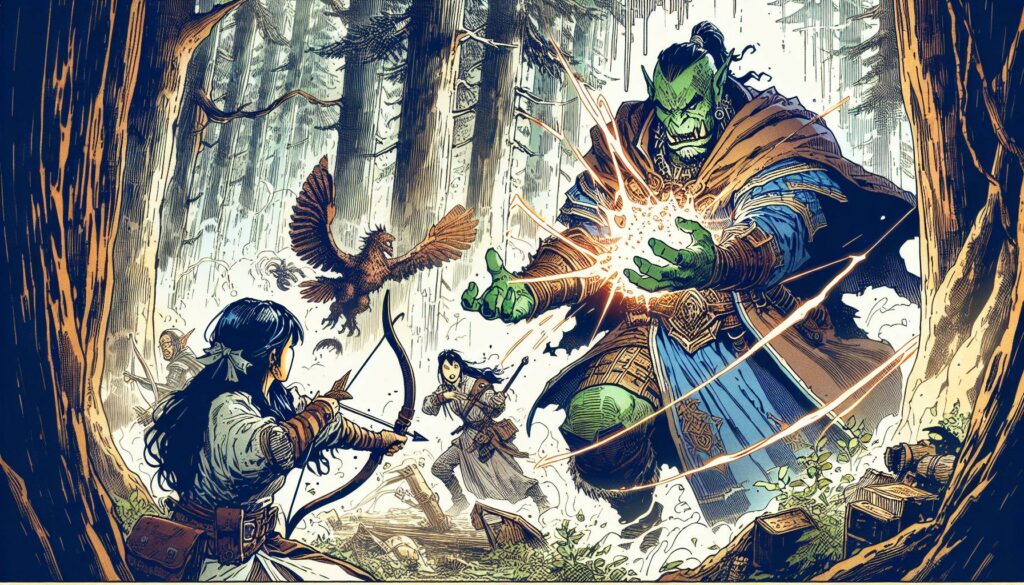 In a fantastical forest setting reminiscent of One DND adventures, a green-skinned warrior in armor wields glowing magic. Three adventurers, one armed with a bow, confront him as a flying creature circles above. Towering trees encircle them, heightening the dynamic tension of this epic confrontation.