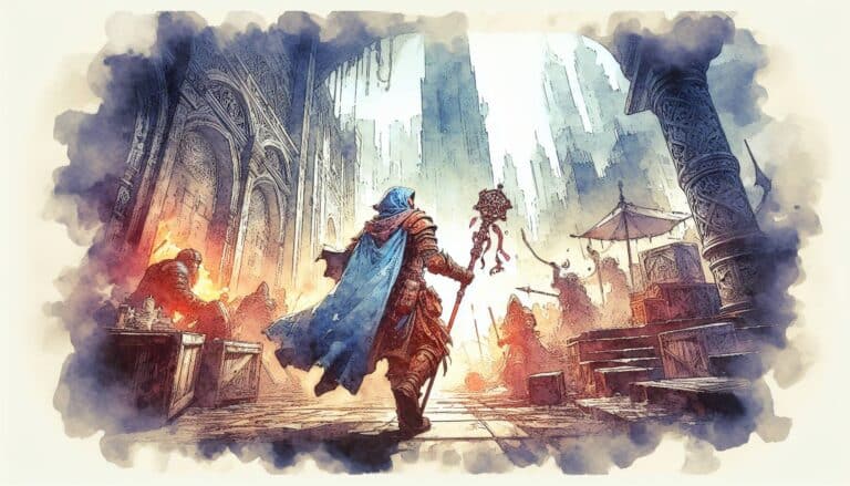 A fantasy scene reminiscent of DND 5e background ideas portrays a figure in a blue cloak wielding a staff, meandering through an ancient, ruined city. The city boasts towering structures and arches, with other figures and a mesmerizing fire flickering in the backdrop.