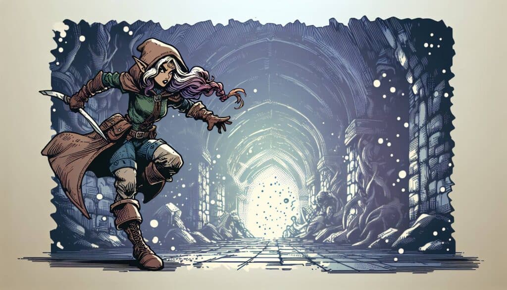 Comic-style scene of a hooded adventurer with a dagger, running through an elaborate stone hallway with glowing light ahead. Snow or particles float around. Statues line the walls, creating a mysterious and magical atmosphere.