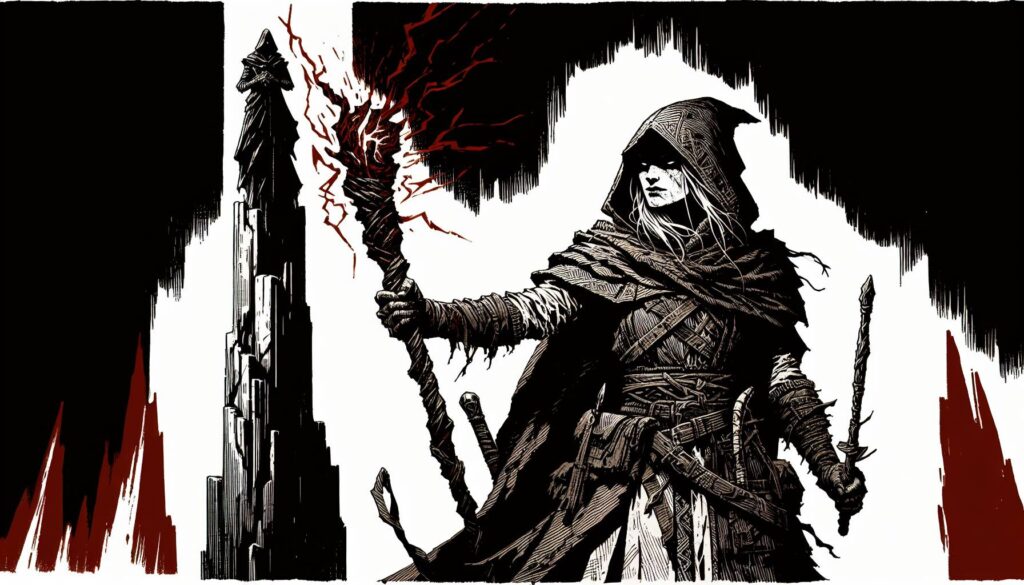 A mysterious, hooded figure wielding a staff crackling with red energy stands in a rugged landscape, facing a tall rock formation with a statue atop. The scene is dark and dramatic, evoking the thrill of epic boss fights in Dungeons & Dragons, where rolling the dice seals fate.
