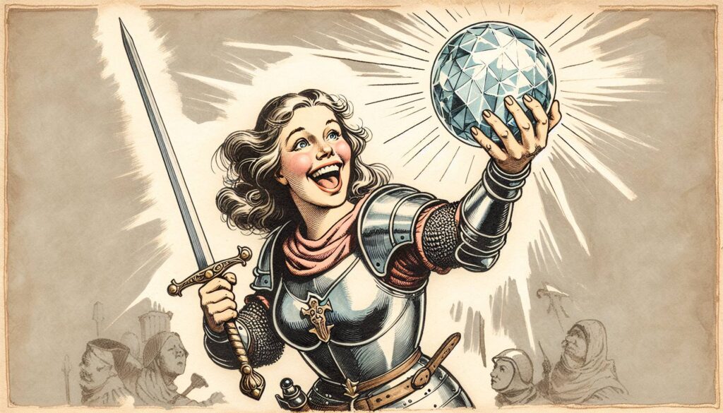 A woman in gleaming medieval armor, much like a DND Paladin, joyfully holds up a glowing, faceted orb in one hand and a sword in the other. She appears triumphant, with a radiant smile worthy of divine smite, while shadowy figures linger in the background.