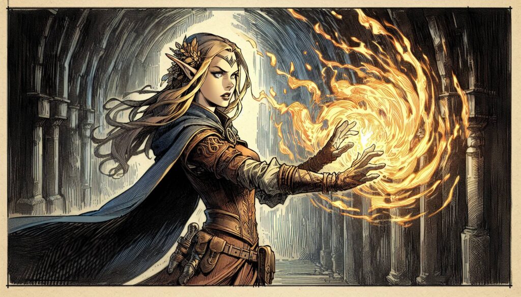 In a dimly lit stone hallway, an elf with pointed ears and long hair casts a fiery spell from her spellbook. Her detailed leather outfit and blue cloak complement her focused, intense expression as flames swirl energetically around her hands.