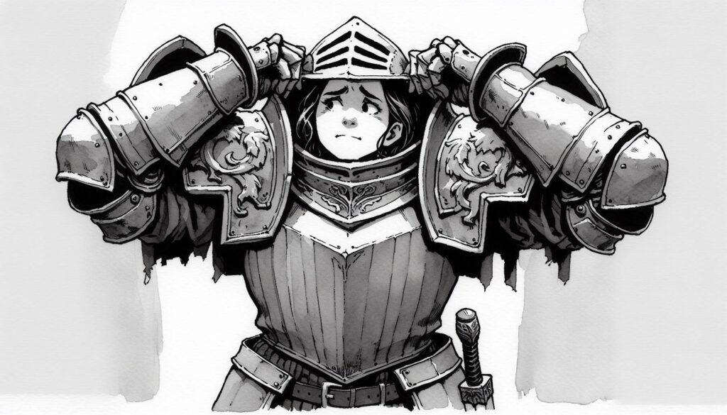 A cartoon knight, reminiscent of a DND Paladin, in detailed armor lifts the visor of their helmet with both hands, revealing a smile fit for dad jokes. They wear ornate shoulder plates and have a sword at their side. The grayscale illustration highlights the intricate armor design.