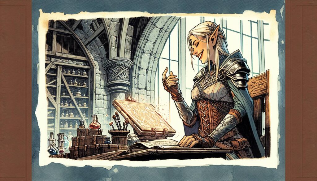 A fantasy illustration of an elf wearing armor sits at a desk with an open magical book, as potion bottles and rare artifacts surround her. The gothic architecture in the background casts light through large windows, evoking a scene straight out of a D&D adventure.