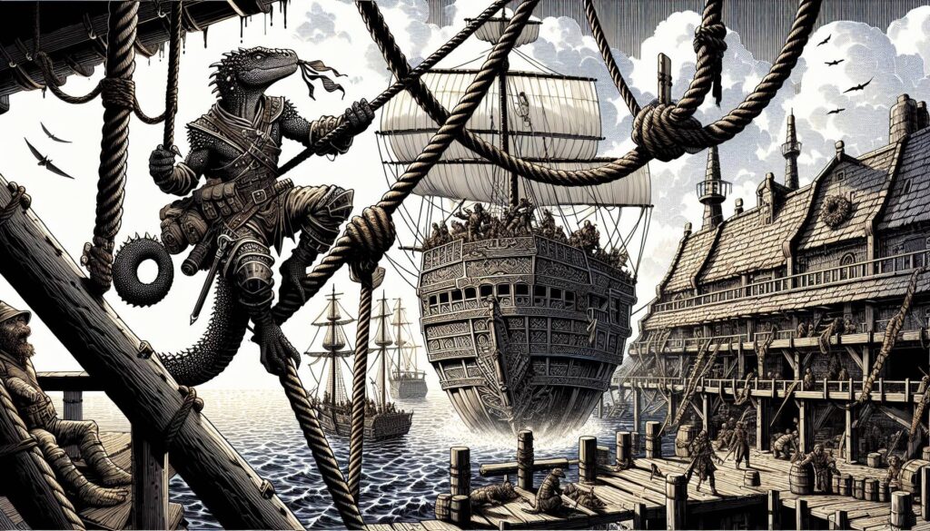 An illustration from 2025 depicts an anthropomorphic lizard pirate on a pier, gazing at a grand sailing ship crewed by similar beings. Set in an ornate harbor, the scene is rich with details akin to DND 5e background ideas. Seagulls flutter under the cloudy sky, enhancing the mystical atmosphere.