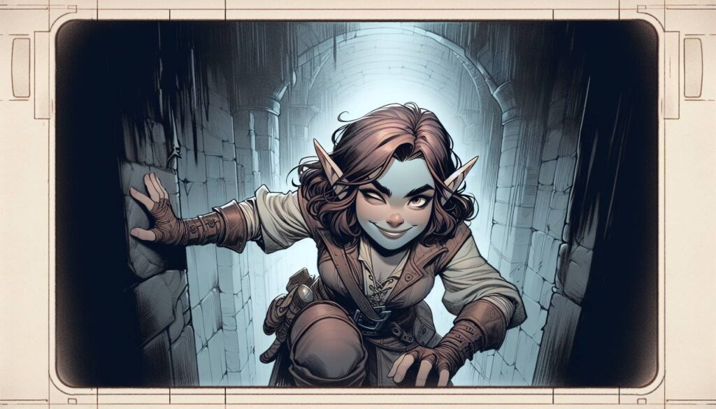 A fantasy illustration of a young female elf with pointy ears and a mischievous smile, sneaking through a dimly lit stone tunnel. Clad in adventurer attire, including a leather vest and gloves, she embodies the stealth mechanics from Dungeons & Dragons as a subtle glow lights the background.