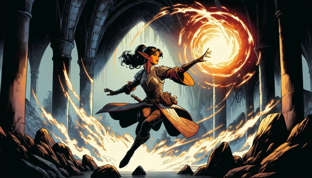 A woman in medieval armor casts a glowing, swirling fire spell with her hand in a dimly lit stone archway. Her confident pose and dynamic energy twist create a powerful and magical scene, like something out of an underrated RPG spellbook.