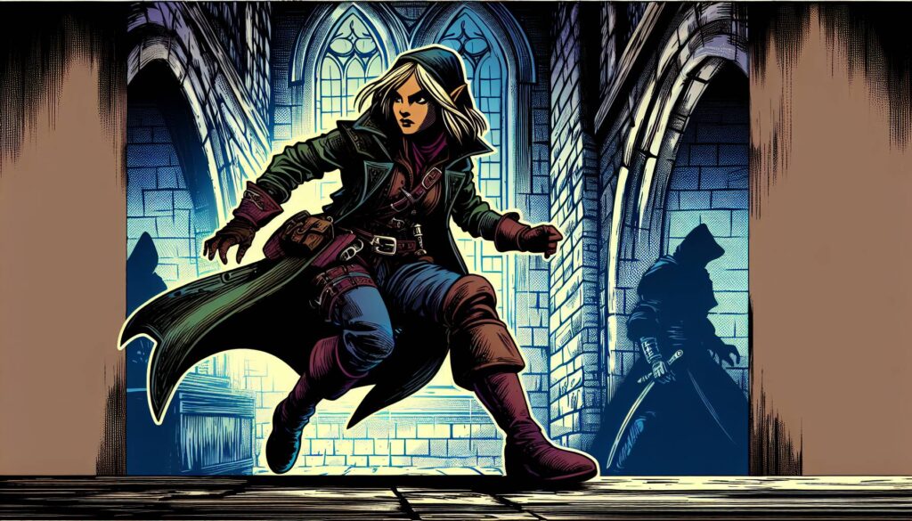 A comic-style female character in dark clothing stealthily moves through a dimly lit, gothic archway. Her hooded figure shows determination. A shadowy figure stands in the background. The setting has arched windows and stone walls, enhancing the mysterious atmosphere.