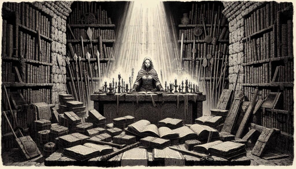 A wizard cloaked in mystery sits at a grand table surrounded by flickering candles, in a dimly lit library filled with numerous open and closed books, and weapons adorning the walls. Light streams dramatically from above, evoking a scene straight from the tales of Gandalf.