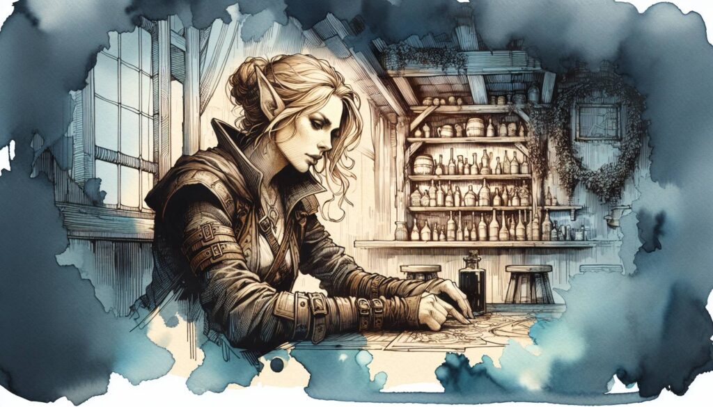 In a rustic room filled with shelves of bottles, a woman with braided hair and a detailed leather outfit examines a map, setting the stage for engaging mystery adventures. The scene evokes the enchantment of D&D, enhanced by a watercolor effect reminiscent of a fantasy world.