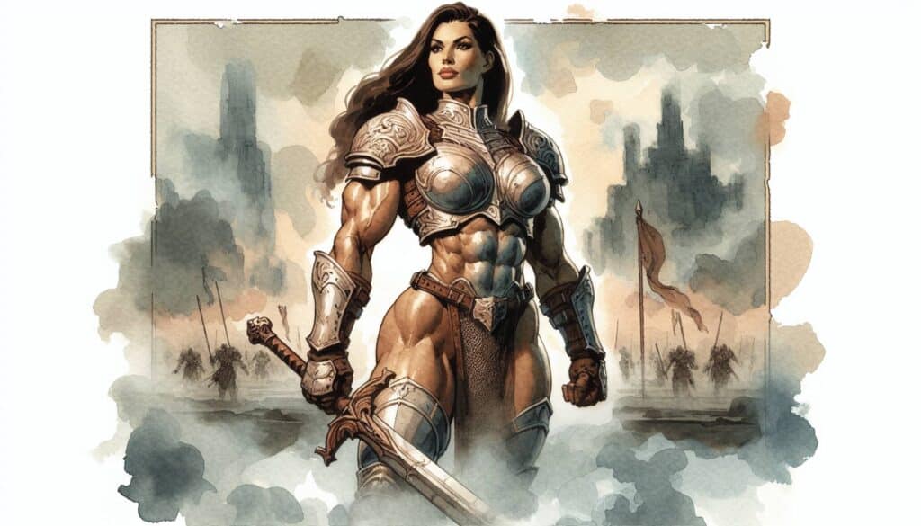 Warrior woman, clad in intricately durable armor, holds a sword, standing confidently against a misty medieval landscape. Towering castles silhouette the cloudy sky, enhancing the scenes epic fantasy vibe. Her stance exudes strength, embodying resilience and power amidst the mythical backdrop.