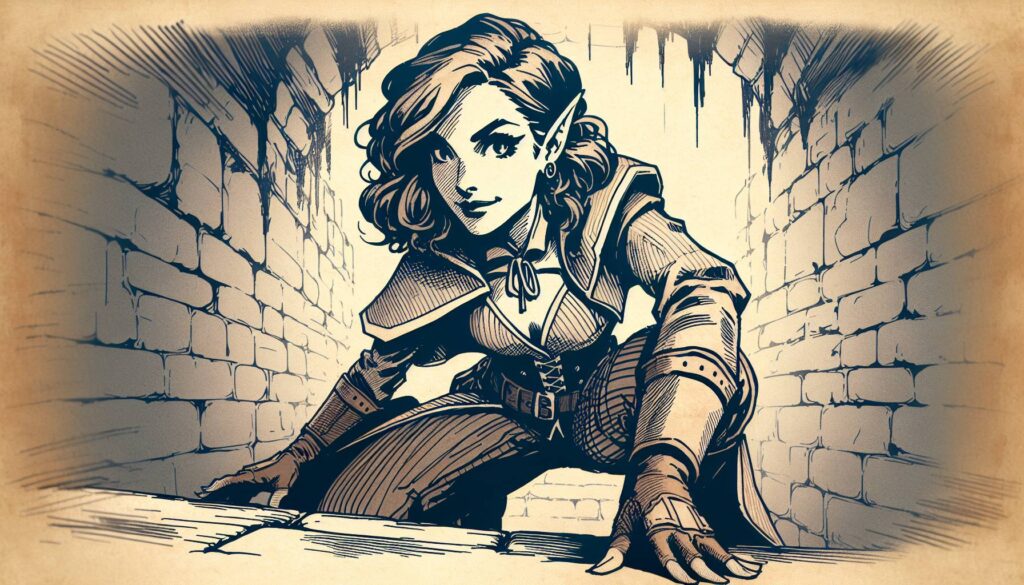 A fantasy illustration of an elf with long wavy hair and pointed ears, dressed in medieval attire and leather gloves, crouched in a narrow brick corridor. The image evokes classic Dungeons & Dragons adventure with its sepia tone and sketch-like style, capturing the essence of master sneaking.