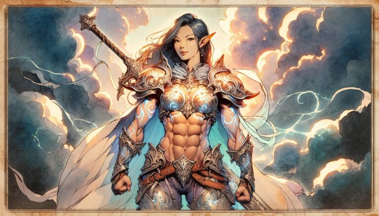 A fearless elf warrior in ornate armor stands confidently, embodying durability as light glows from behind, highlighting muscular features, delicate elven ears, and a large sword ready for damage. Stormy clouds frame the scene with an aura of impending battle.