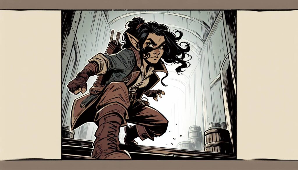 A determined adventurer with long dark hair and elf-like ears crouches stealthily in a wooden hallway. They wear a green coat, boots, and have a quiver of arrows on their back. Barrels line the walls, creating a tense, adventurous atmosphere.
