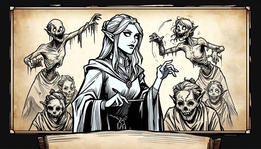 A mysterious, elven-like figure in a cloak stands amidst animated corpses, showcasing expert necromancy. The undead, with skeletal features and tattered clothing, look menacing against the parchment-like background. Despite the chaos, the elven figure remains calm and in control of this dark D&D 5e scene.