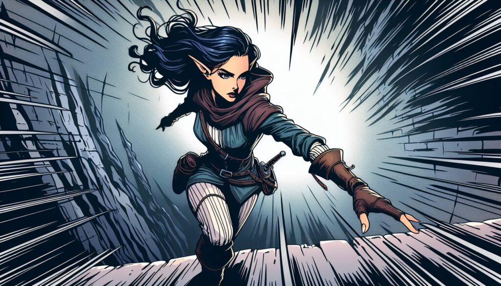 A fantasy elf character with blue hair and pointed ears wearing a cloak and medieval-style attire leaps across a wooden bridge. The background features dynamic motion lines, emphasizing speed and movement.