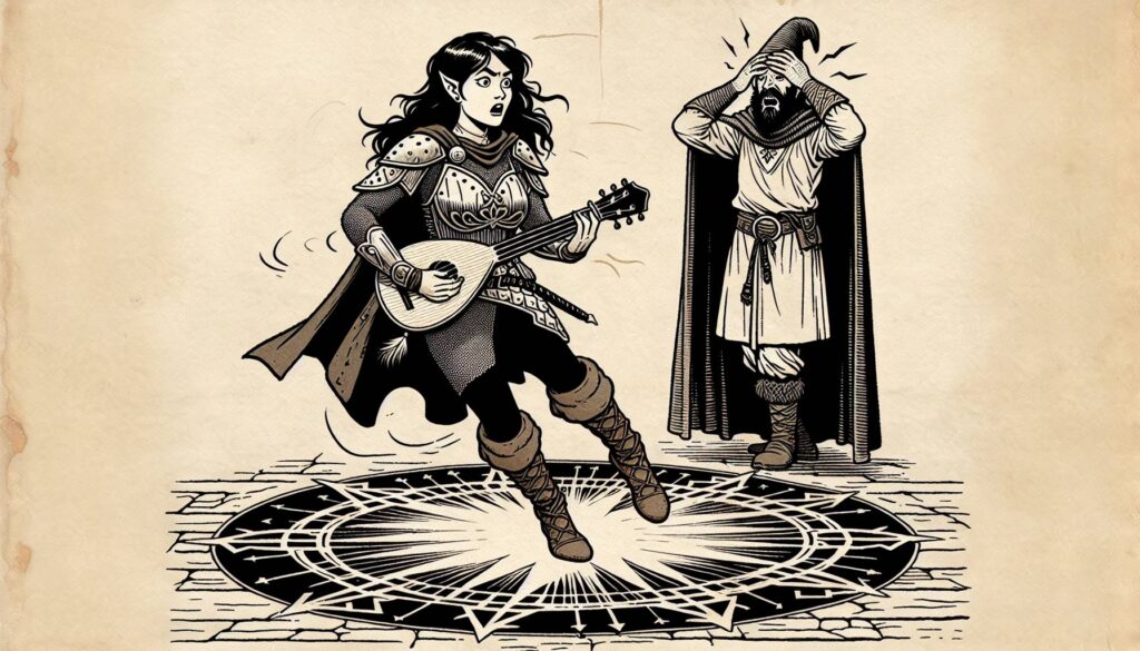 A medieval bard is leaping like a Dance Dance Revolution champion while playing a stringed instrument over a magical circle on the ground. Behind them, a figure stands in shock, covering their ears, dressed in a long cloak and cape.