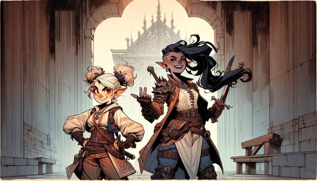 Two fantasy characters meet in an archway: one with white hair buns, a vest and belt; the other with long dark hair, pointy ears, leather armor, and a sword. Their D&D alignment is palpable against the grand backdrop, as they embody the essence of lawful versus chaotic roles.