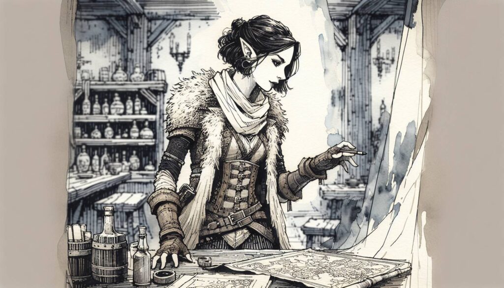 In a captivating fantasy illustration, an elf with pointed ears and a fur-trimmed outfit examines maps in a rustic study. Bottles scatter the table, while shelves brimming with jars and papers hint at D&D mystery adventures waiting to unfold.