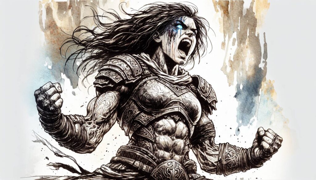 Illustration of a fierce warrior with long hair, showcasing durability in ornate armor, screaming fiercely. Blue markings adorn their face, and their eyes glow blue. The background features a watercolor effect with shades of brown and blue, enhancing the essence of fighter builds.