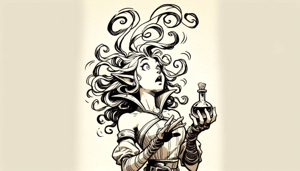 A fantasy illustration of an elf with flowing hair looking up in surprise, clutching a bottle labeled Bizarre Potions. The scene is in black and white, emphasizing intricate details and expressive features, reminiscent of a mysterious DND quest.